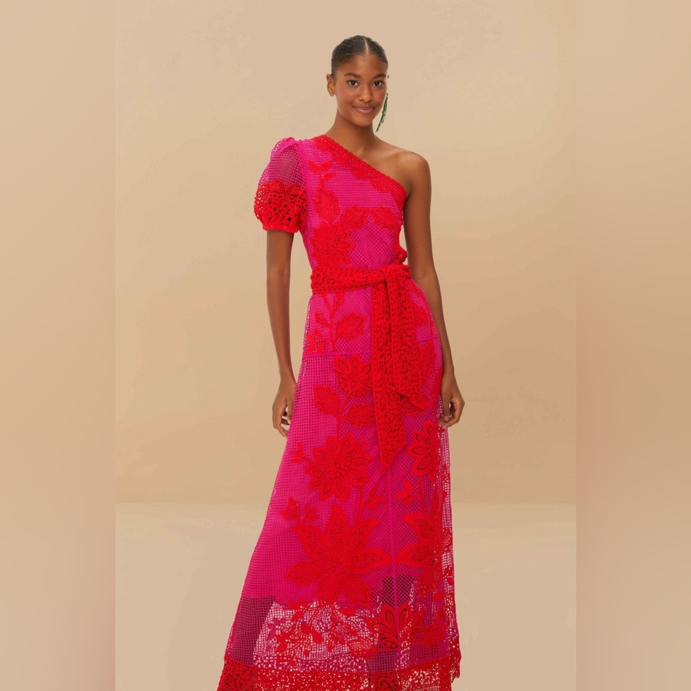 FARM Rio Bicolor Guipure One-Shoulder Maxi Dress Size Medium - Picture 3 of 11